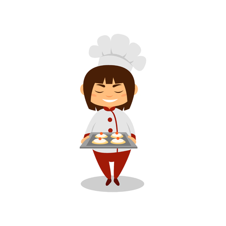 Smiling girl holding tray with sweet desserts. Kid dressed in chef uniform with hat. Cartoon character of little cook. Graphic element for advertising poster or banner. Isolated flat vector design.のイラスト素材