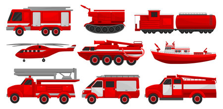Firefighting vehicles set, emergency service for firefighting operations vector Illustrations...