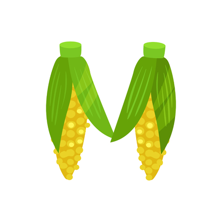 M veggie vegetable English alphabet letter made from corn cobs vector Illustration isolated on a white background.のイラスト素材