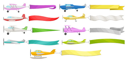 Flying aircrafts with horizontal advertising banners vector Illustrations, colorful modern and vintage planes isolated on a white background.のイラスト素材