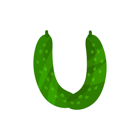 U veggie vegetable English alphabet letter made from cucumbers vector Illustration isolated on a white background.のイラスト素材