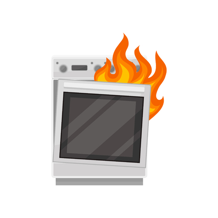 Broken stove with burning fire, damaged home appliance vector Illustration isolated on a white background.のイラスト素材