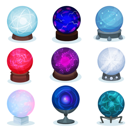 Collection of different magic balls. Colorful glass spheres. Object for prediction of the future. Graphic elements for mobile game or advertising poster. Flat vector icon isolated on white background.のイラスト素材