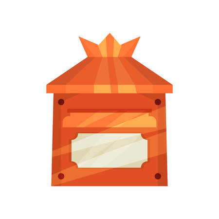 Small bright orange postal box for mail. Cartoon wall mounted metal mailbox. Colorful graphic element for children book or mobile game. Vector illustration in flat style isolated on white background.のイラスト素材