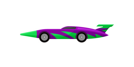 Cartoon illustration of old racing car with tinted windows and spoiler. Bright purple sports automobile with green wrap decal. Graphic element for mobile game. Isolated vector icon in flat style.のイラスト素材