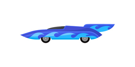 Icon of vintage sports automobile decorated with blue waves. Small racing car with spoiler. Extreme auto sport. Cartoon style illustration. Colorful flat vector design isolated on white background.のイラスト素材