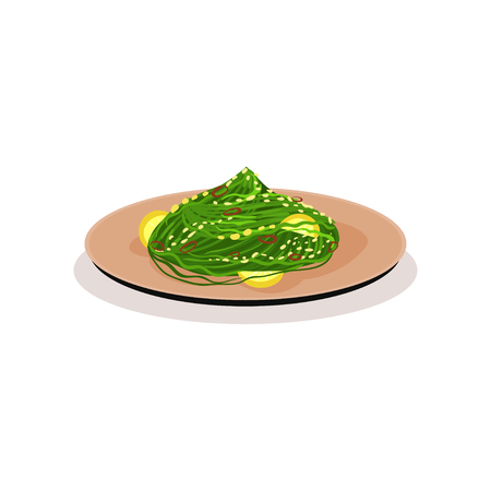 Green noodles with slices of lemon in ceramic plate. Traditional Asian dish. Food theme. Graphic element for recipe book or cafe menu. Colorful vector icon in flat style isolated on white background.のイラスト素材
