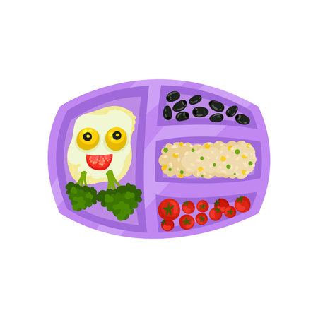 Bright purple lunch box with tasty meal. Fried eggs with funny face, green broccoli, olives, rice and tomatoes. Plastic tray with food. Colorful flat vector illustration isolated on white background.のイラスト素材