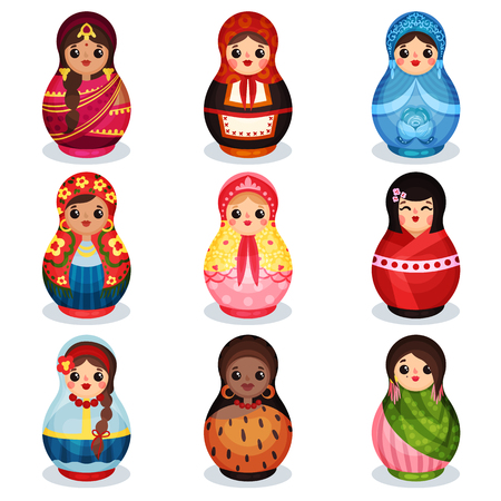 Nesting dolls set, wooden matryoshka in colorful costumes of different countries vector Illustration isolated on a white backgroundのイラスト素材