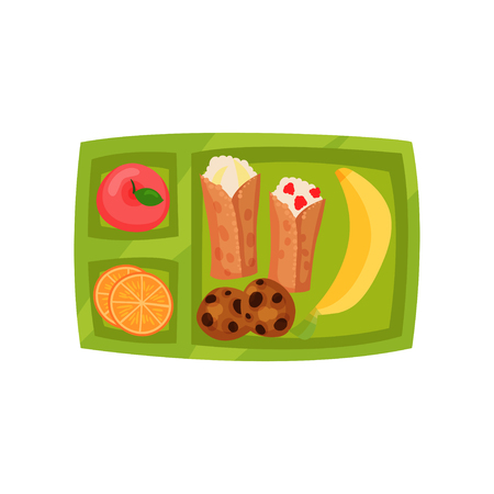 Green plastic lunch box with fresh banana, apple, slices of orange, cookies with chocolate chunks and pancakes with cottage cheese. Food theme. Cartoon style illustration. Isolated flat vector design.のイラスト素材