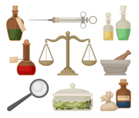 Retro medical tools, laboratory equipment and medicines set vector Illustrations isolated on a white background.のイラスト素材