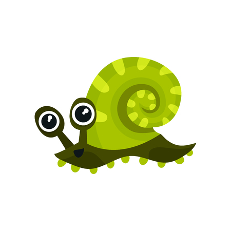 Green sea snail with big shiny eyes. Adorable marine animal. Graphic element for children book or kids t-shirt print. Cartoon style icon. Colorful flat vector illustration isolated on white backgroundのイラスト素材