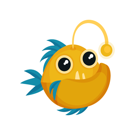 Cartoon icon of yellow piranha with blue fins, big teeth and shiny eyes. Funny sea animal. Marine life theme. Graphic element for kids t-shirt print or mobile game. Isolated flat vector illustration.のイラスト素材