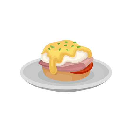 Burger with fried egg on a plate, fresh nutritious breakfast food, design element for menu, cafe, restaurant vector Illustration isolated on a white background.のイラスト素材