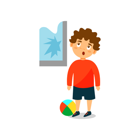 Cute little bully boy crashed the window with ball vector Illustration on a white backgroundのイラスト素材