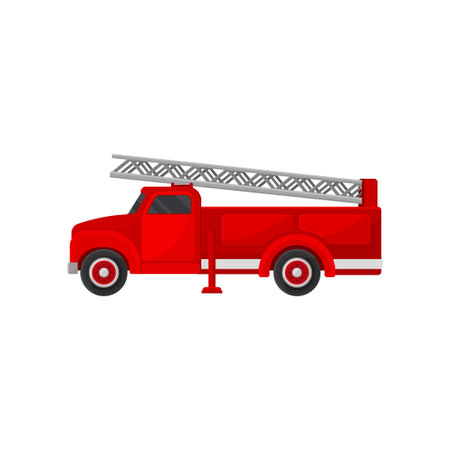 Red fire truck with ladder, emergency vehicle, side view vector Illustration isolated on a white...