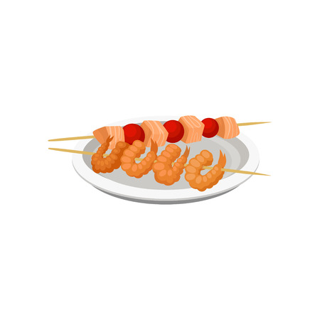Grilled shrimps on a skewer and salmon kebab vector Illustration isolated on a white background.のイラスト素材