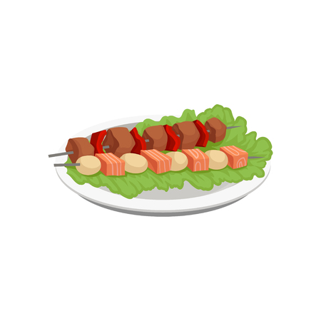 Meat and salmon kebab, grilled food on a skewers served on a plate vector Illustration isolated on a white background.のイラスト素材