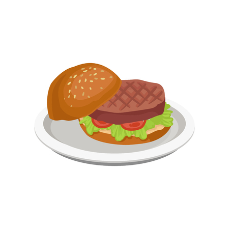Delicious burger with grilled meat vector Illustration isolated on a white background.のイラスト素材