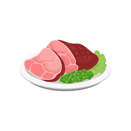 Grilled meat with green peas and lettuce leaves on a plate vector Illustration isolated on a white background.のイラスト素材