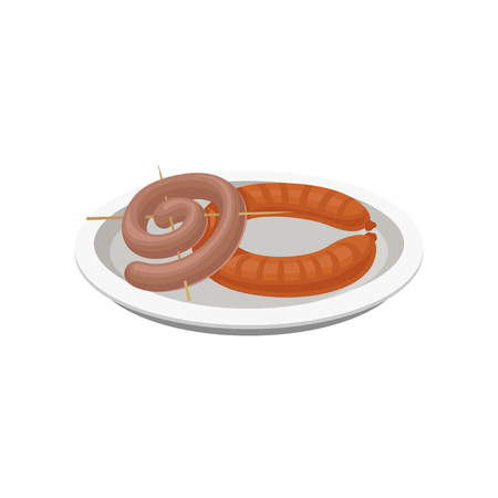 Grilled sausages on a plate, meat food vector Illustration isolated on a white background.のイラスト素材