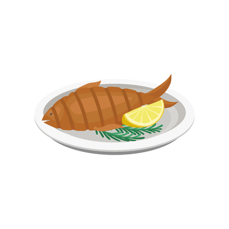 Grilled fish on a plate vector Illustration isolated on a white background.のイラスト素材