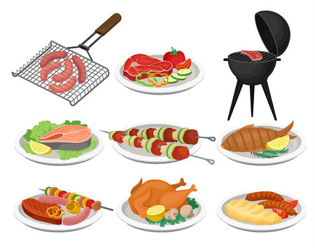 Grilled food set, delicious dishes for barbecue party menu, meat food vector Illustration isolated on a white background.のイラスト素材
