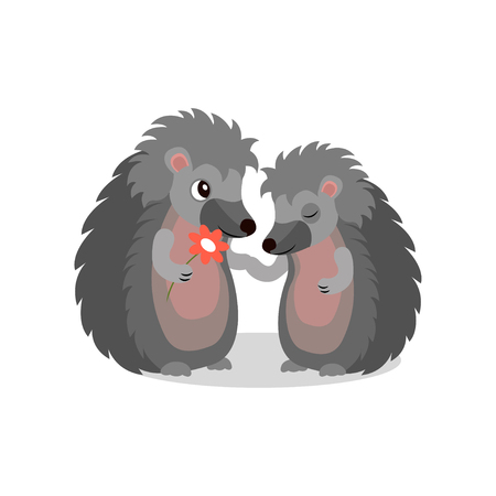Couple of hedgehogs, hedgehog giving a flower to another, cute animals cartoon characters vector Illustration isolated on a white background.のイラスト素材