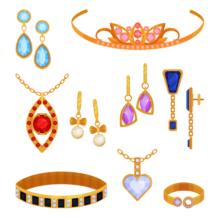 Beautiful fashionable gold jewelry set, tiara, necklace, bracelet, gold chain, earrings, pendant, ring vector Illustration isolated on a white background.のイラスト素材