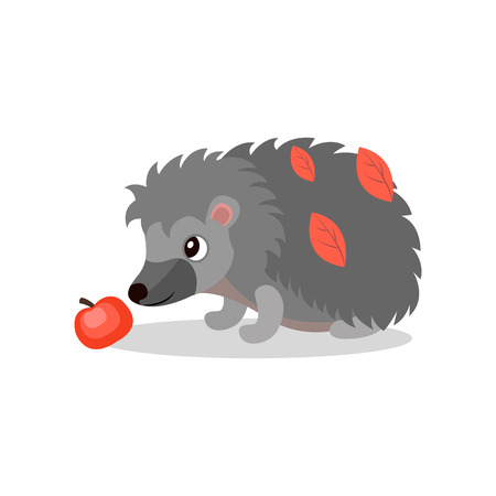 Hedgehog with red apple, cute animal cartoon character vector Illustration on a white backgroundのイラスト素材