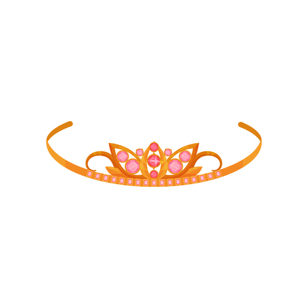 Golden tiara with pink gemstones, fashionable jewelry vector Illustration isolated on a white background.のイラスト素材