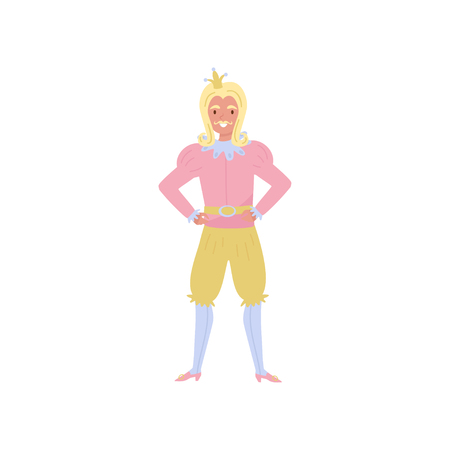 Young smiling prince in gold crown, fairytale character vector Illustration isolated on a white background.のイラスト素材