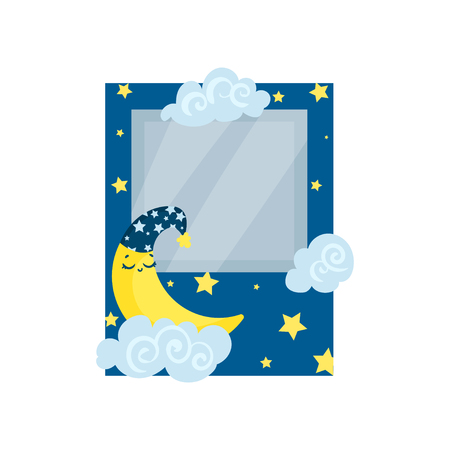 Cute photo frame with moon, stars and clouds, album template for kids with space for photo or text, card, picture frame vector Illustration isolated on a white background.のイラスト素材