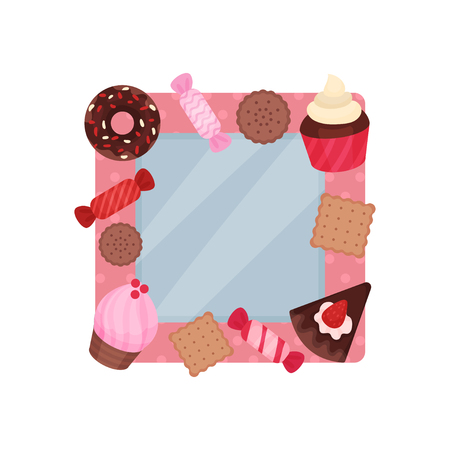 Cute photo frame with sweets, album template for kids with space for photo or text, card, picture frame vector Illustration isolated on a white background.のイラスト素材