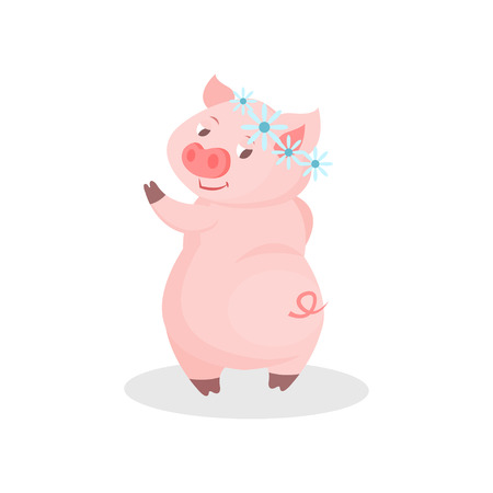 Funny pig wearing wreath of flowers, cute little piglet cartoon character vector Illustration isolated on a white background.のイラスト素材