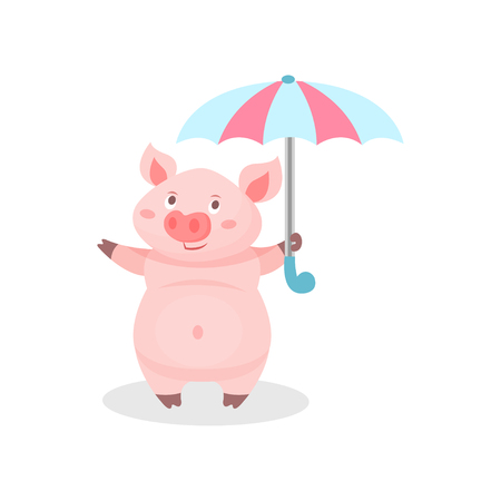 Funny pig standing with umbrella, cute little piglet cartoon character vector Illustration isolated on a white background.のイラスト素材