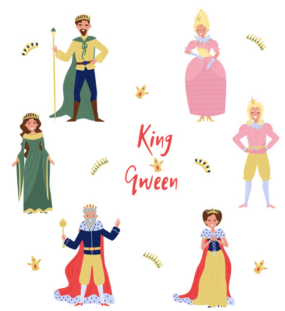 Collection of fairytale characters, king,queen, prince and princess, persons in historical costumes vector Illustration isolated on a white background.のイラスト素材