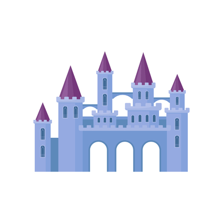 Beautiful purple castle with towers and conical roofs. Medieval fortress. Flat vector element for children bookのイラスト素材