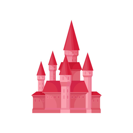 Bright pink princess castle. Fairy tale building with high towers and conical roofs. Flat vector for children bookのイラスト素材