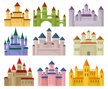 Flat vector set of colorful royal castles. Large fortresses with high towers. Elements for children book or mobile gameのイラスト素材