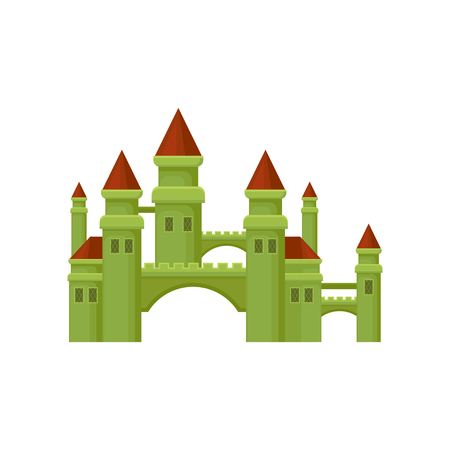 Small medieval castle. Green fortress with brown conical roofs. Flat vector for promo poster of children entertainment centerのイラスト素材