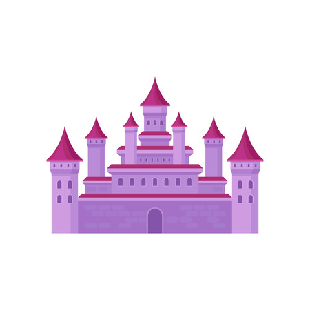 Big fairy tale castle with high towers and conical roofs. Pink medieval fortress. Flat vector for children bookのイラスト素材