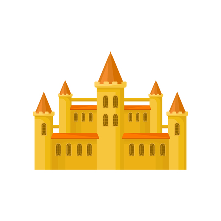 Yellow castle with orange roof, high towers and grating on windows. Flat vector element for children story book or mobile gameのイラスト素材