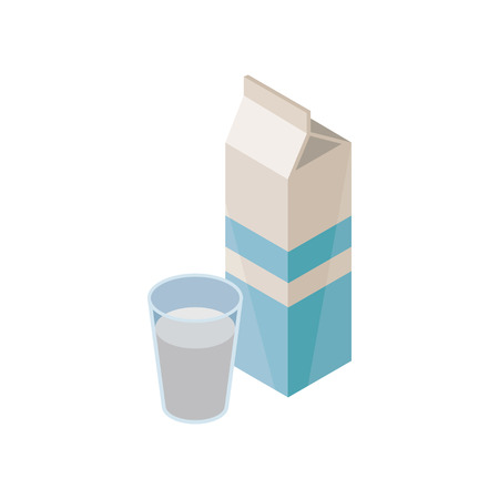 Cardboard package and glass of natural milk for breakfast. Healthy beverage. Isometric vector element for advertising posterのイラスト素材