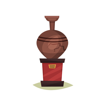 Old brown ceramic vase with crack on red stand. Ancient amphora. Exhibit of historical museum. Flat vector iconのイラスト素材