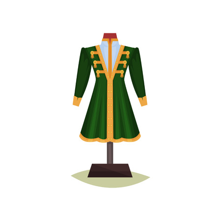 Medieval European male clothing. Green coat with yellow buttons. Jacket on mannequin. Museum exhibit. Flat vector designのイラスト素材