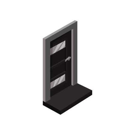 Entrance metal door with windows, gray handle and small doorstep. Isometric vector element for mobile game or appのイラスト素材