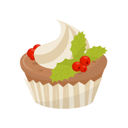 Cartoon style icon of delicious cupcake decorated with whipped cream and red berries with green leaves. Christmas food. Holiday sweets theme. Colorful flat vector design isolated on white background.のイラスト素材