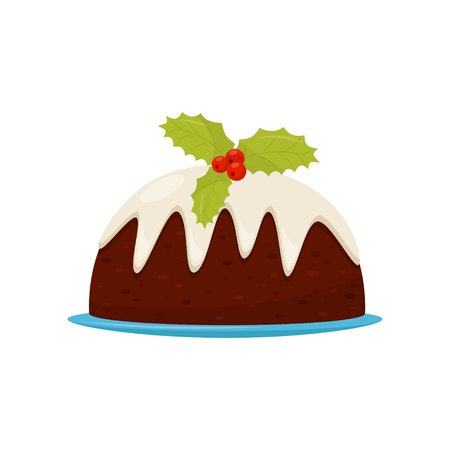 Traditional Christmas pudding with cream and red berries with green leaves. Delicious holiday dessert. Sweet food theme. Colorful flat vector design isolated on white background. Cartoon style icon.のイラスト素材