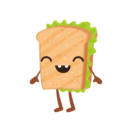 Funny sandwich with smiling face, cute fast food cartoon character vector Illustration on a white backgroundの写真素材